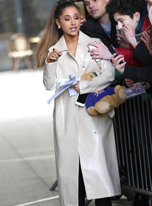 Ariana Grande White Leather Long Coat