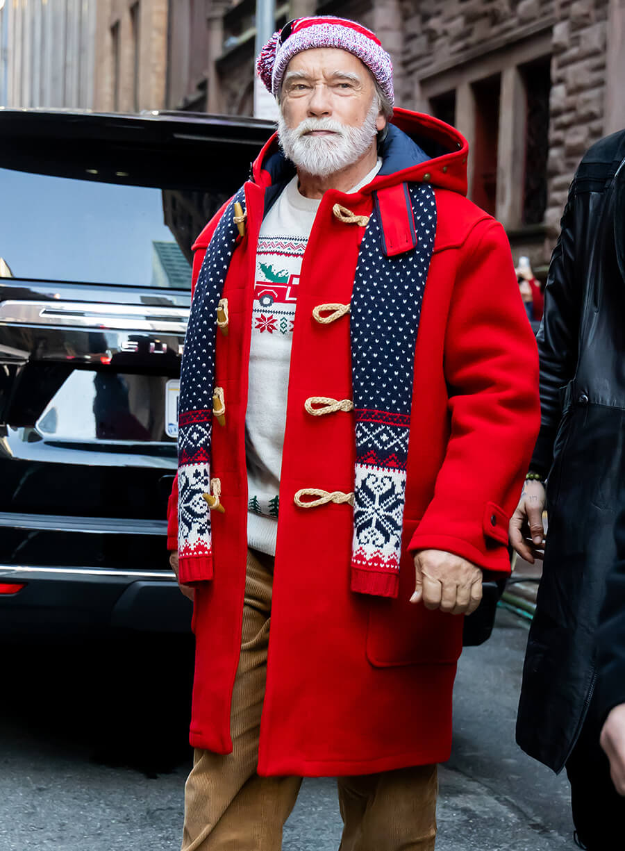 Arnold Schwarzenegger The Man with the Bag Red Santa Claus Coat