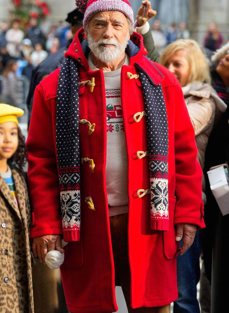 Arnold Schwarzenegger The Man with the Bag Red Santa Claus Coat