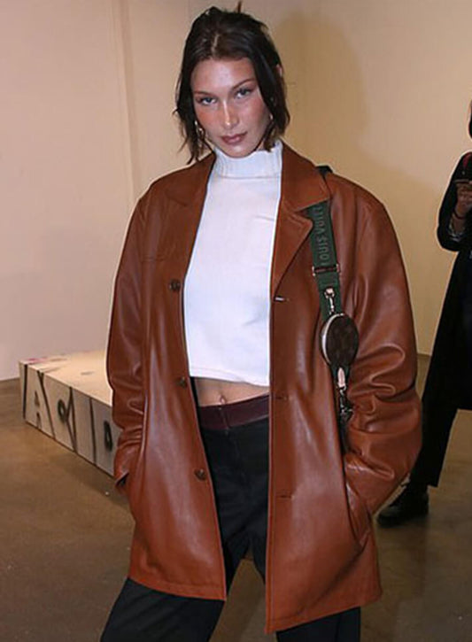 Bella Hadid Brown Leather Trench Coat