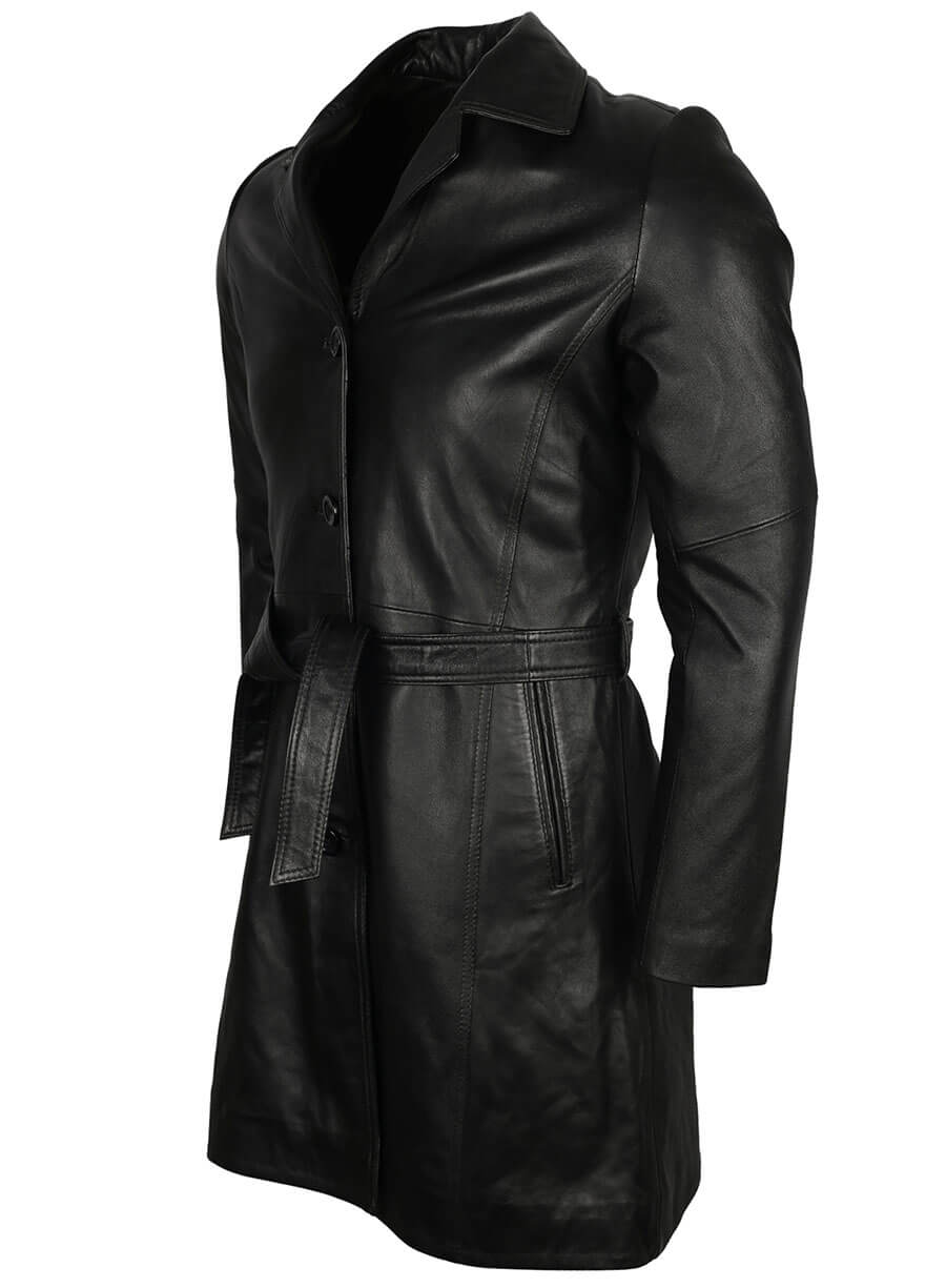  Black Leather Mens Trench Coat