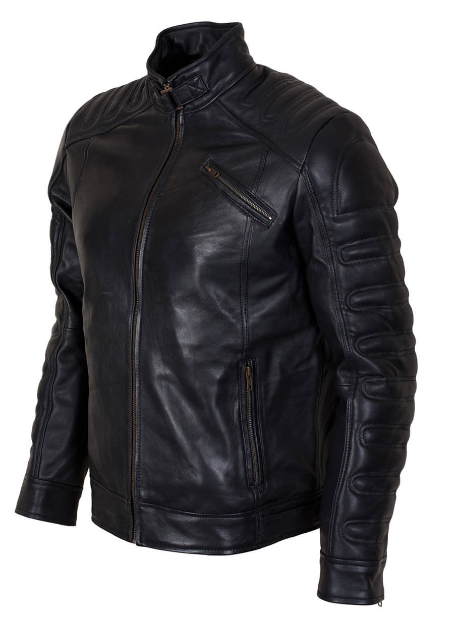 Black Padded Mens Leather Jacket