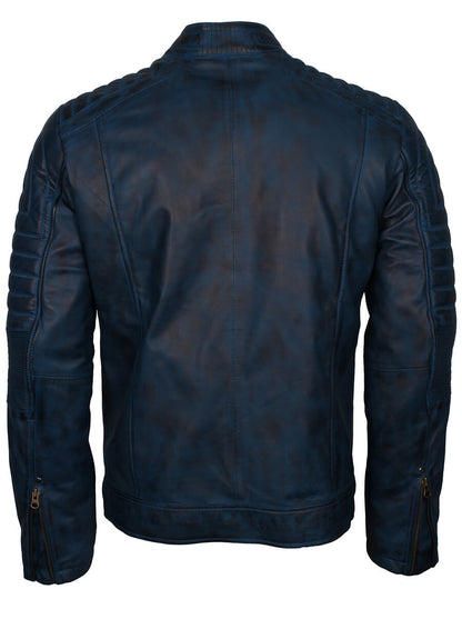 Blue Men Vintage Cafe Racer Genuine Leather Jacket