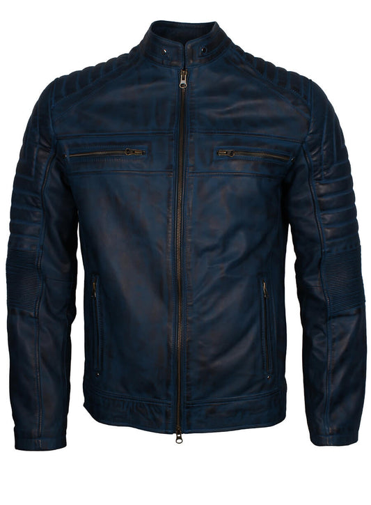 Blue Men Vintage Cafe Racer Genuine Leather Jacket