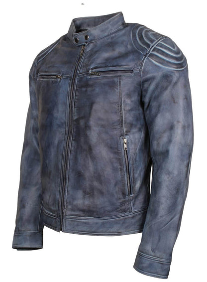 Blue Waxed Motorcycle Leather Jacket