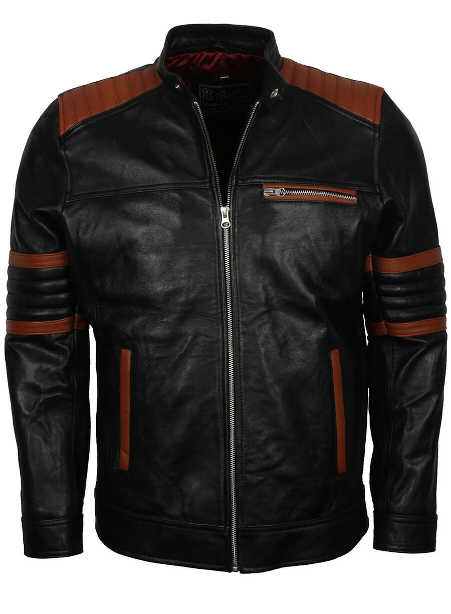 Brown Stripes Quilted Black Leather Jacket