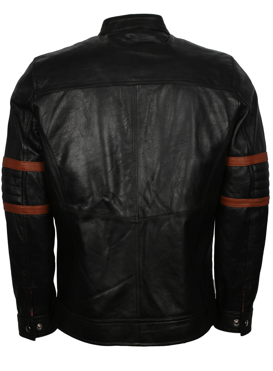 Brown Stripes Quilted Black Leather Jacket