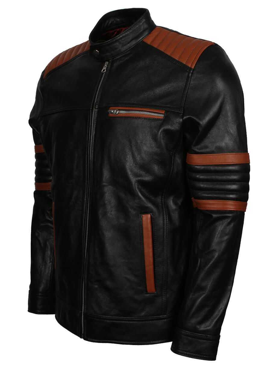 Brown Stripes Quilted Black Leather Jacket