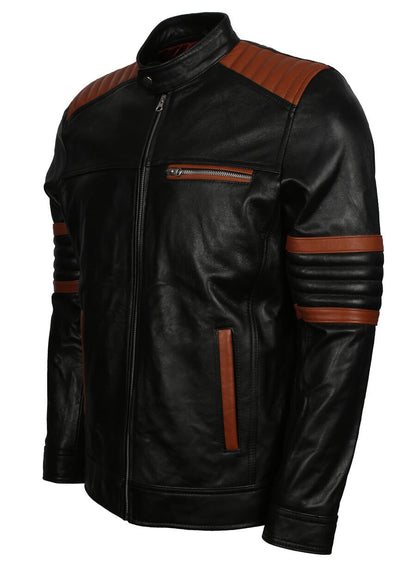 Brown Stripes Quilted Black Leather Jacket