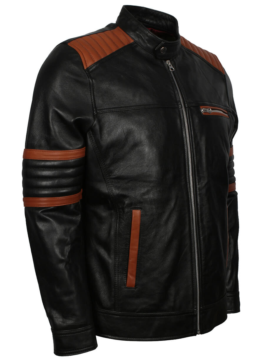 Brown Stripes Quilted Black Leather Jacket