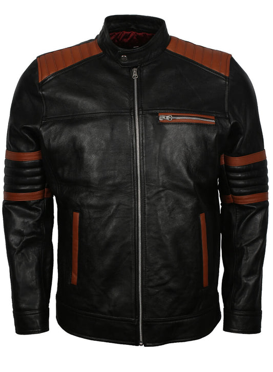 Brown Stripes Quilted Black Leather Jacket