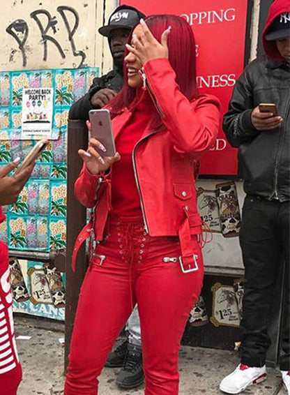 Cardi B Red Leather Jacket