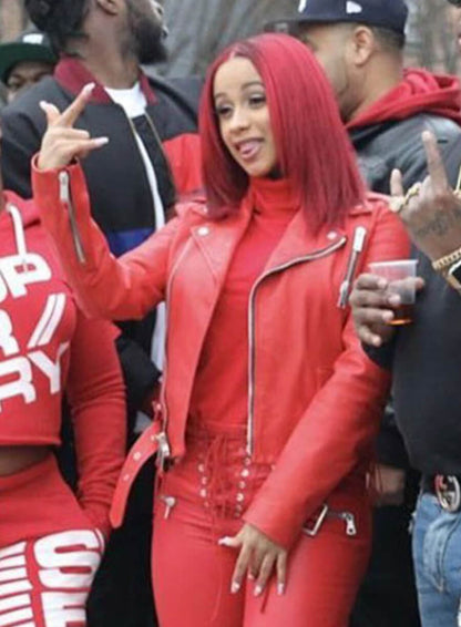 Cardi B Red Leather Jacket