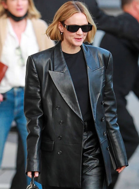 Carey Mulligan Black Leather Trench Coat