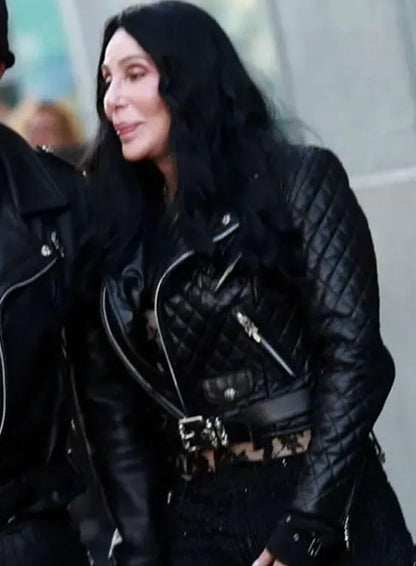 Cher The Bikeriders Black Leather Quilted Jacket