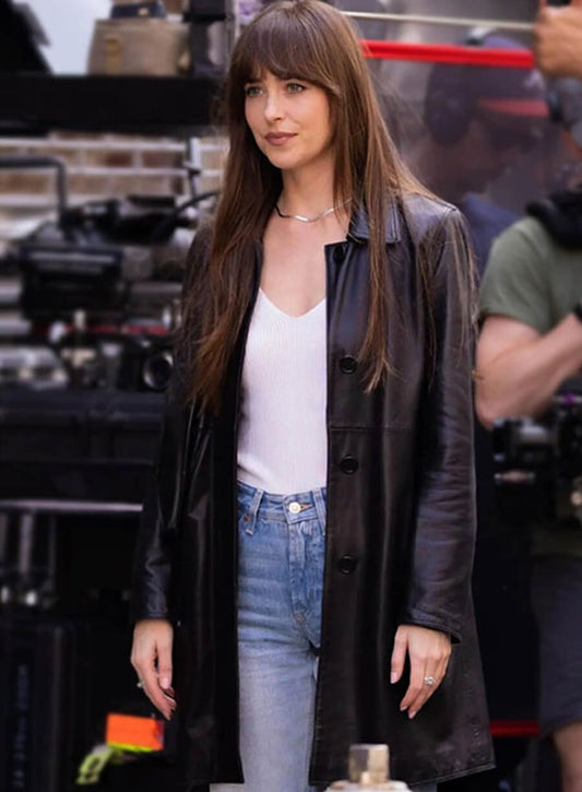 Dakota Johnson Black Leather Long Coat