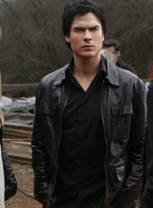 Damon Salvatore The Vampire Diaries S03 Black Leather Jacket