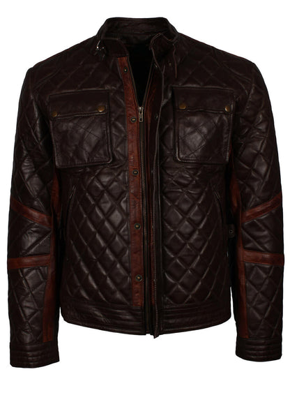 Dark Brown Quilted Men Leather Jacket