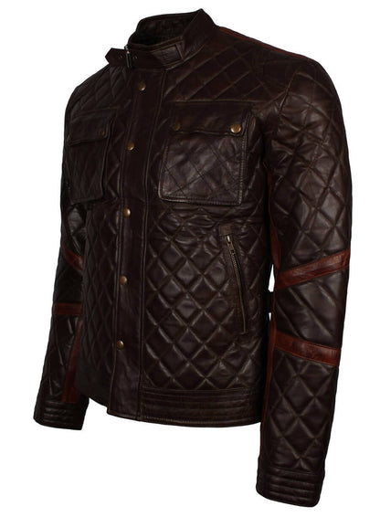 Dark Brown Quilted Men Leather Jacket