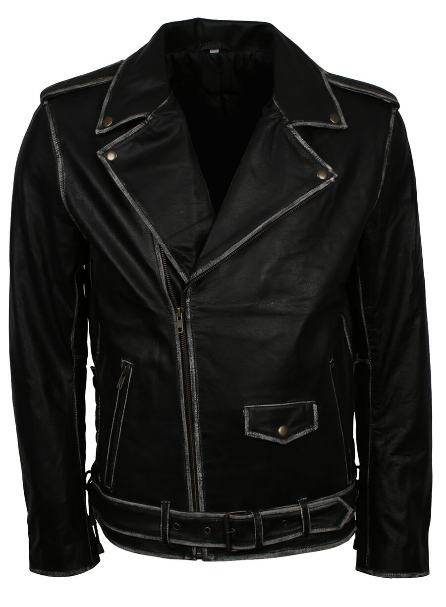 Distressed Belted Biker Real Leather Jacket