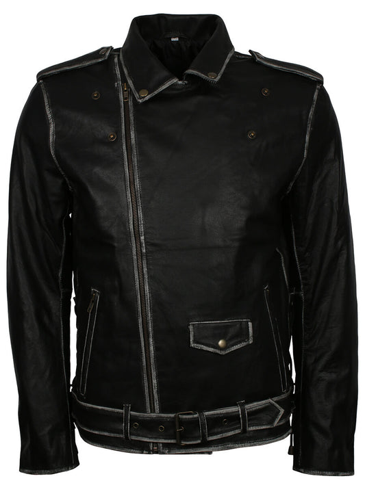Distressed Belted Biker Real Leather Jacket