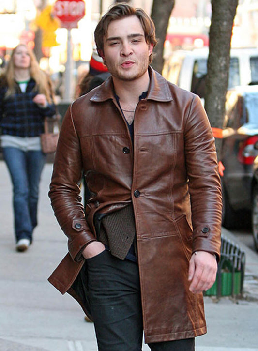 Ed Westwick Brown Leather Trench Coat