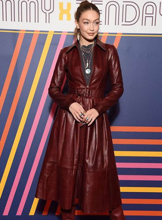 Gigi Hadid Maroon Leather Long Coat