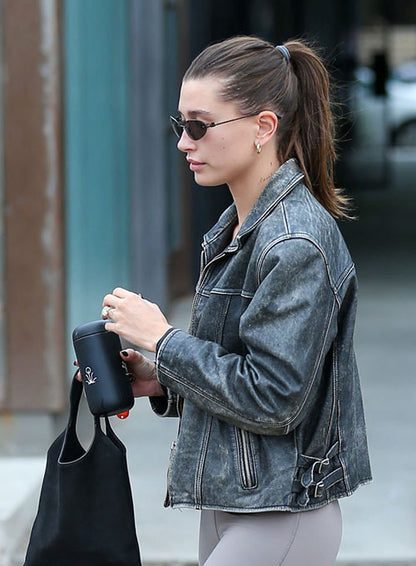 Hailey Bieber Black Distressed Leather