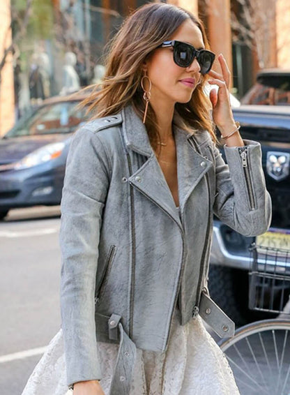 Jessica Alba Grey Leather Jacket