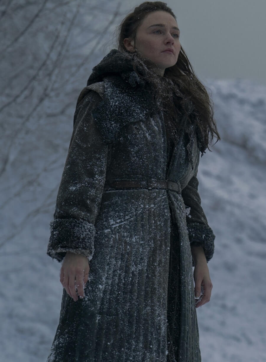 Jessica Barden Dune: Prophecy Brown Suede Hooded Coat