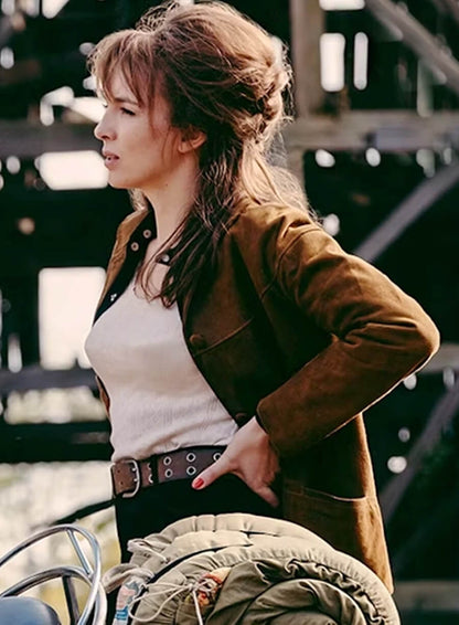 Jodie Comer The Bikeriders Brown Suede Jacket