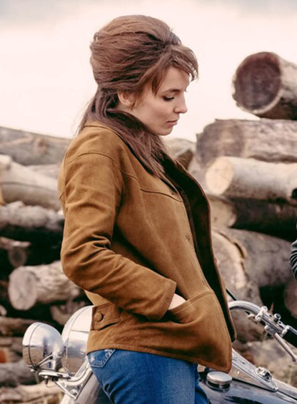 Jodie Comer The Bikeriders Brown Suede Jacket