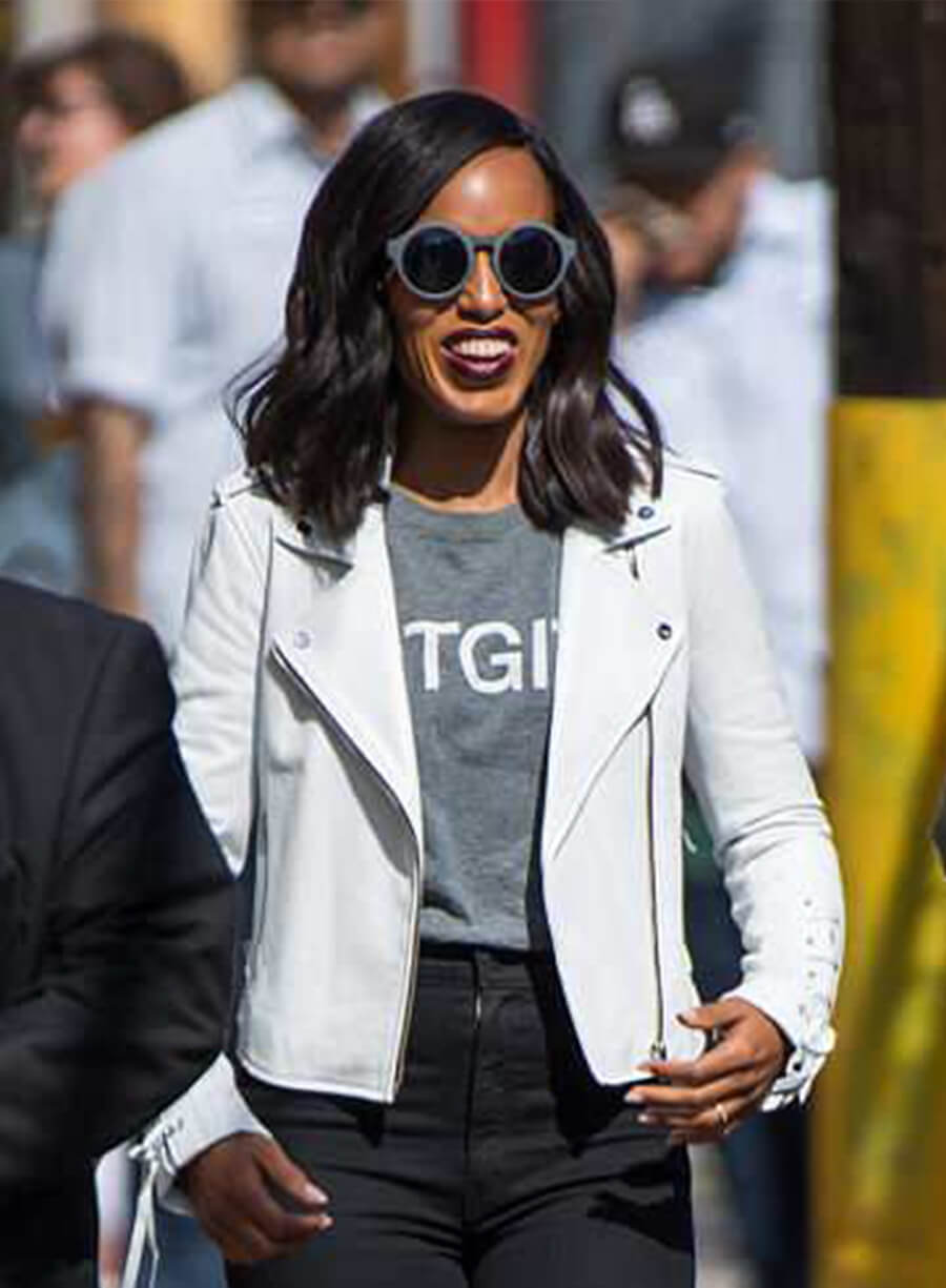 Kerry Washington White Leather Biker Jacket