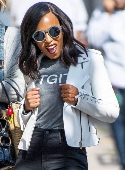 Kerry Washington White Leather Biker Jacket