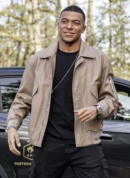 Kylian Mbappé Beige Leather Jacket