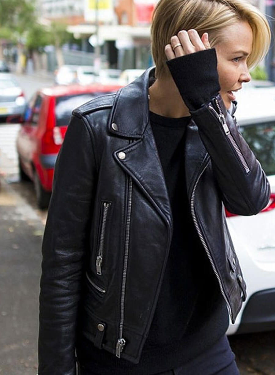 Lara Bingle Black Biker Leather Jacket