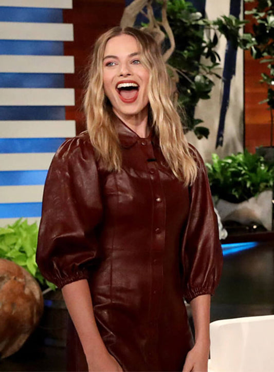 Margot Robbie Maroon Leather Dress