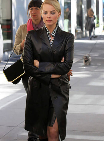 Margot Robbie Wolf Of Wall Street Black Leather Long Coat