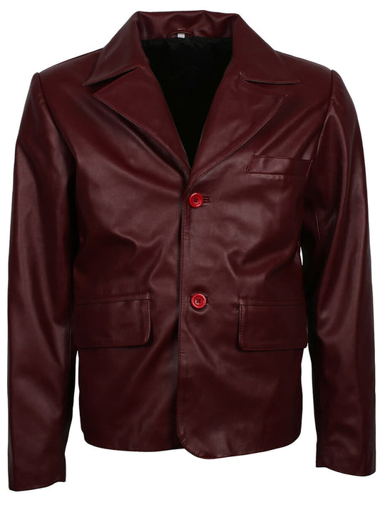 Men Maroon Buttoned Leather Jacket