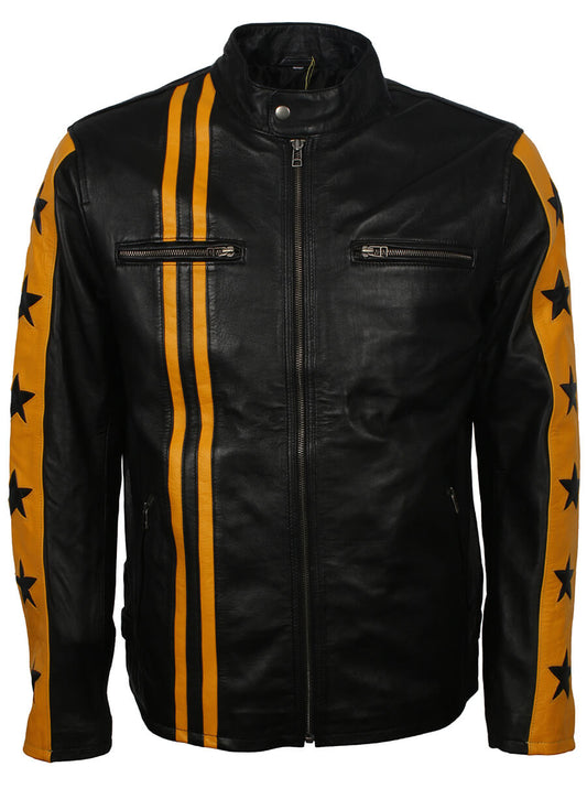 Men Yellow Striped Star Leather Jacket