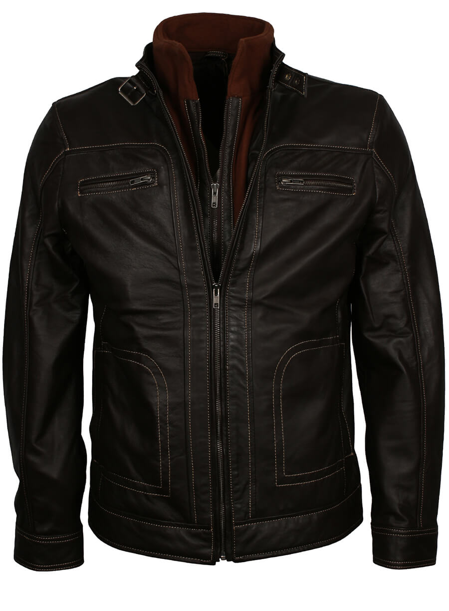 Men's Black Leather Erect Belted Collar Jacket