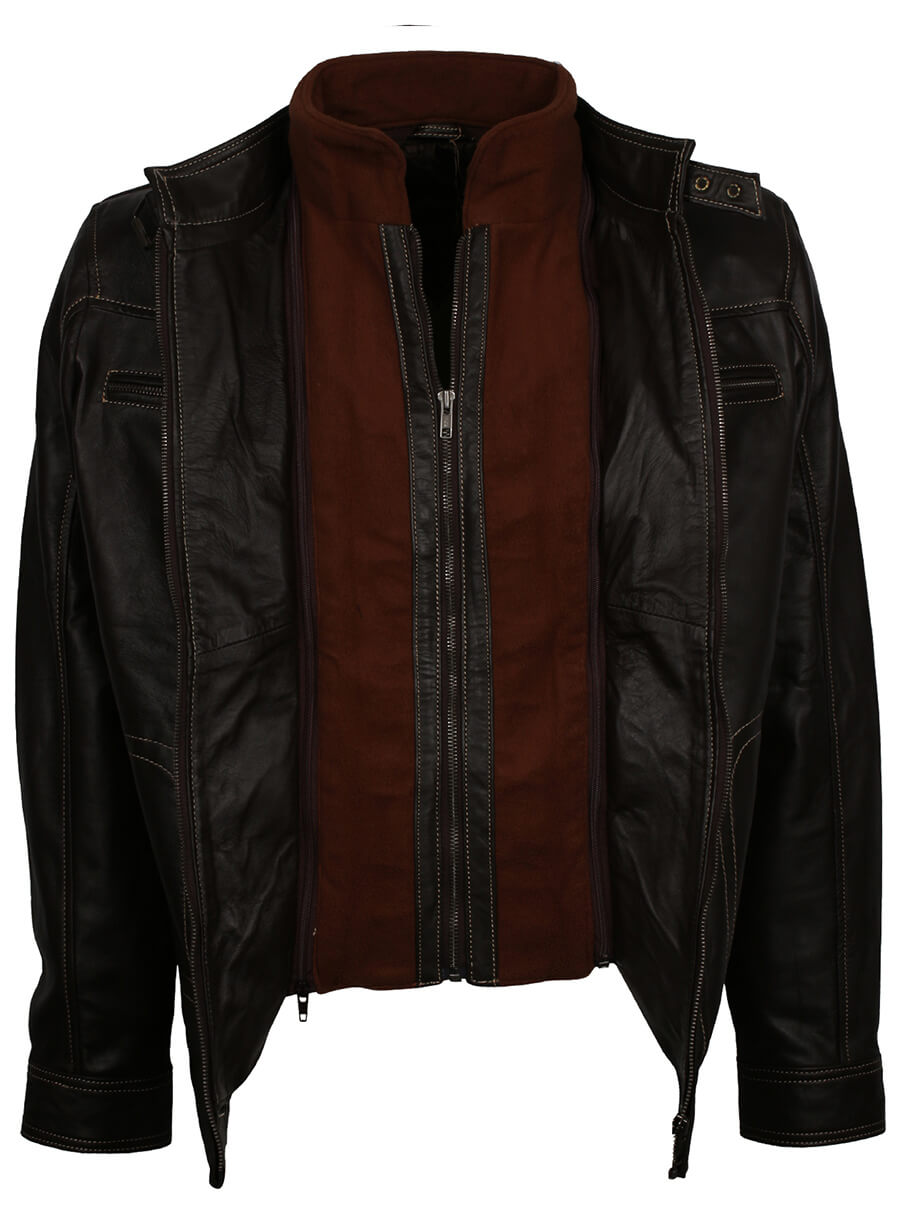 Men's Black Leather Erect Belted Collar Jacket