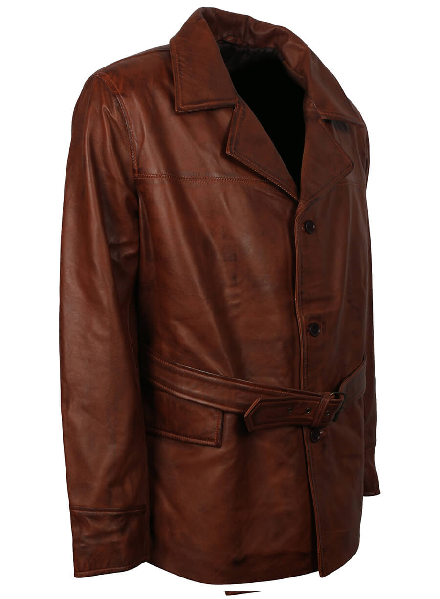 Men's Brown Belted Leather Coat