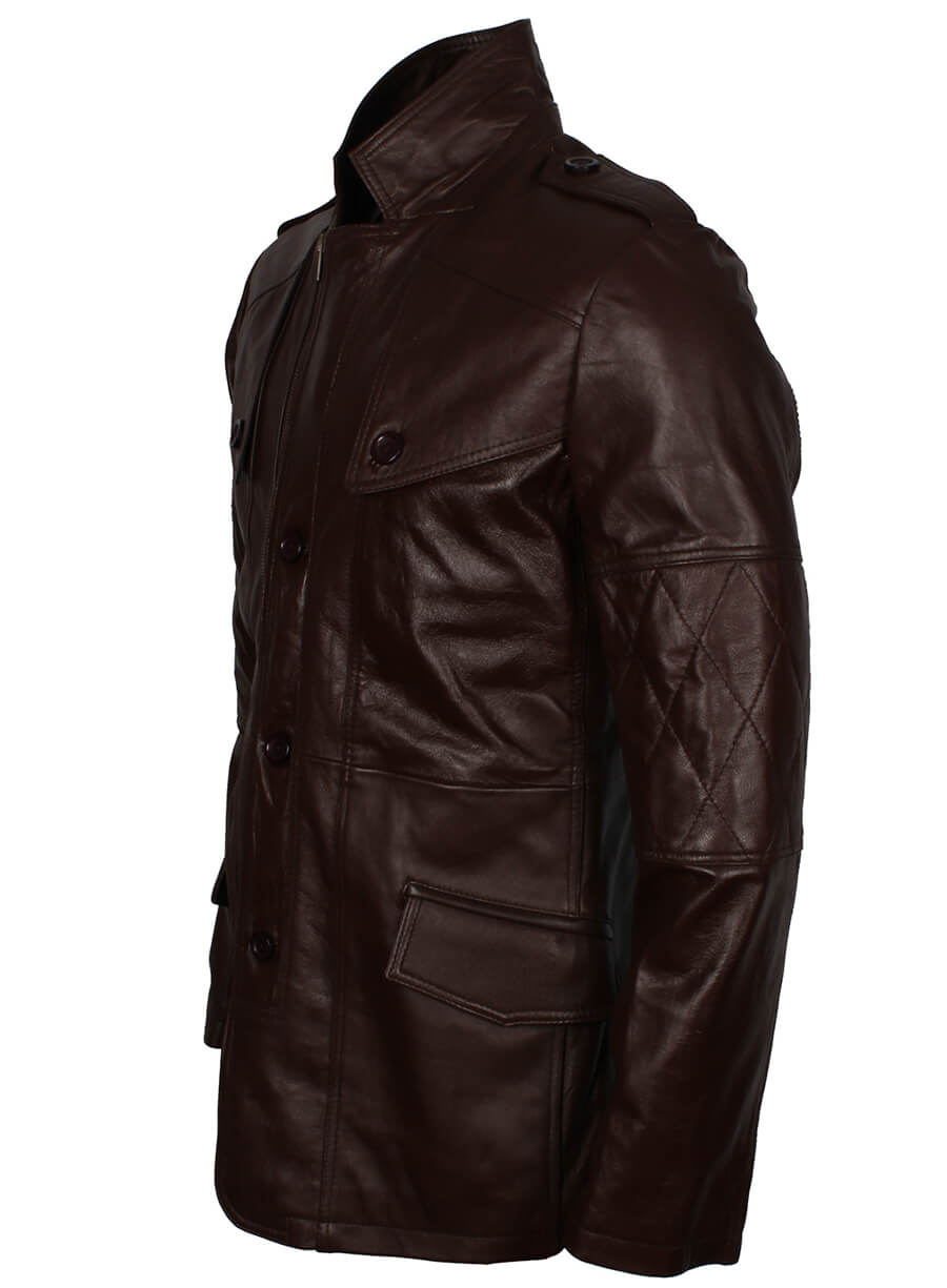 Men's Military Style Dark Brown Leather Coat