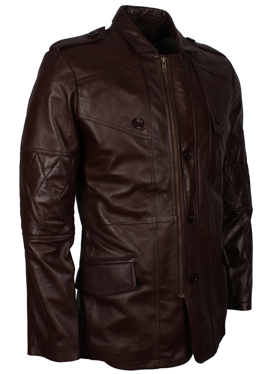 Men's Military Style Dark Brown Leather Coat