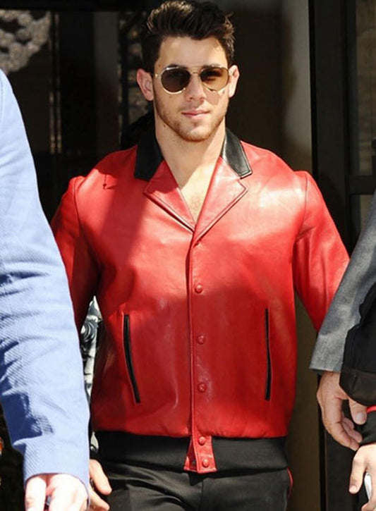 Nick Jonas Red Leather Jacket