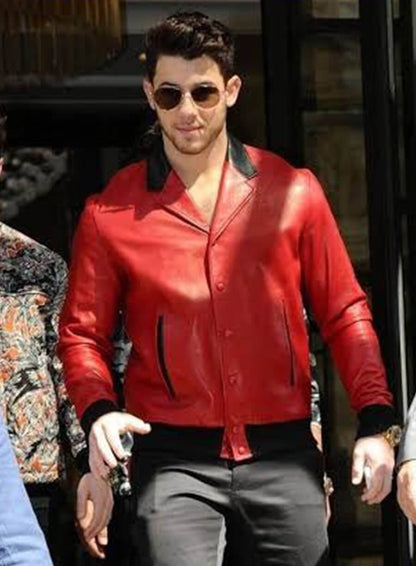 Nick Jonas Red Leather Jacket