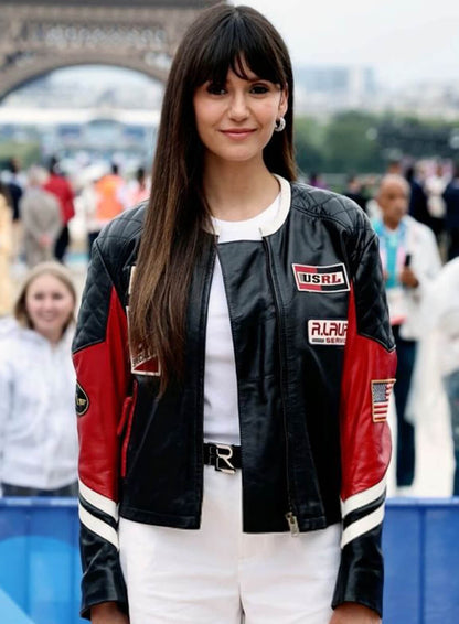 Nina Dobrev Paris Olympics Black Leather Jacket