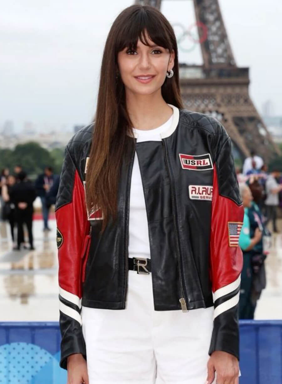 Nina Dobrev Paris Olympics Black Leather Jacket