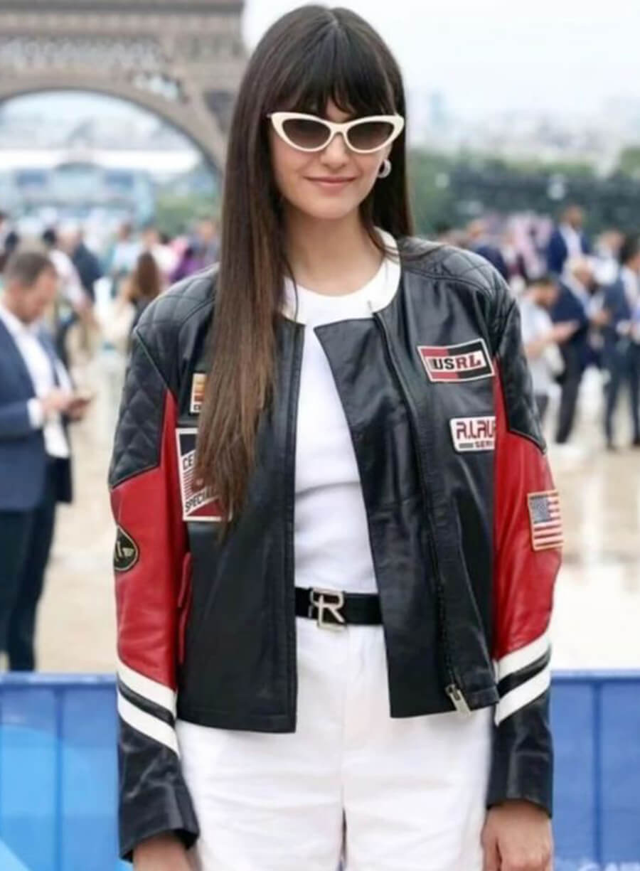 Nina Dobrev Paris Olympics Black Leather Jacket